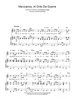 page one of Mexicanos, Al Grito De Guerra (Mexican National Anthem) (Piano, Vocal & Guitar Chords)