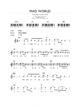 page one of Mad World (Piano Chords/Lyrics)