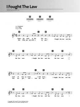 page one of I Fought The Law (Piano Chords/Lyrics)