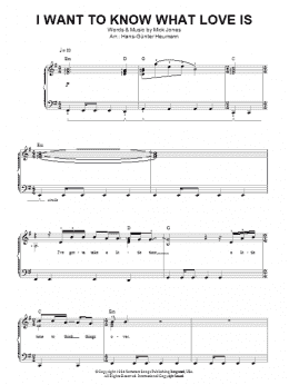 page one of I Want To Know What Love Is (Easy Piano)