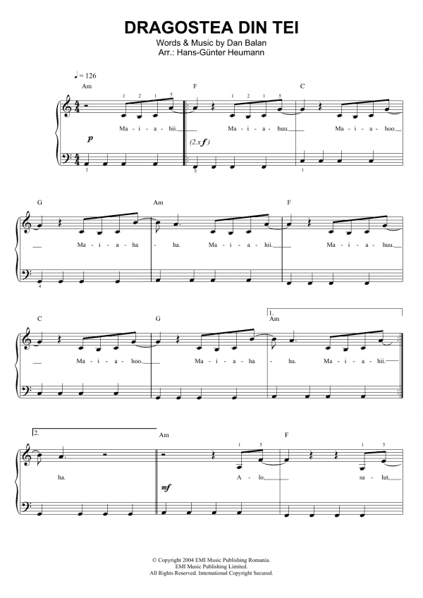 Dragostea Din Tei (Piano & Vocal) - Print Sheet Music Now