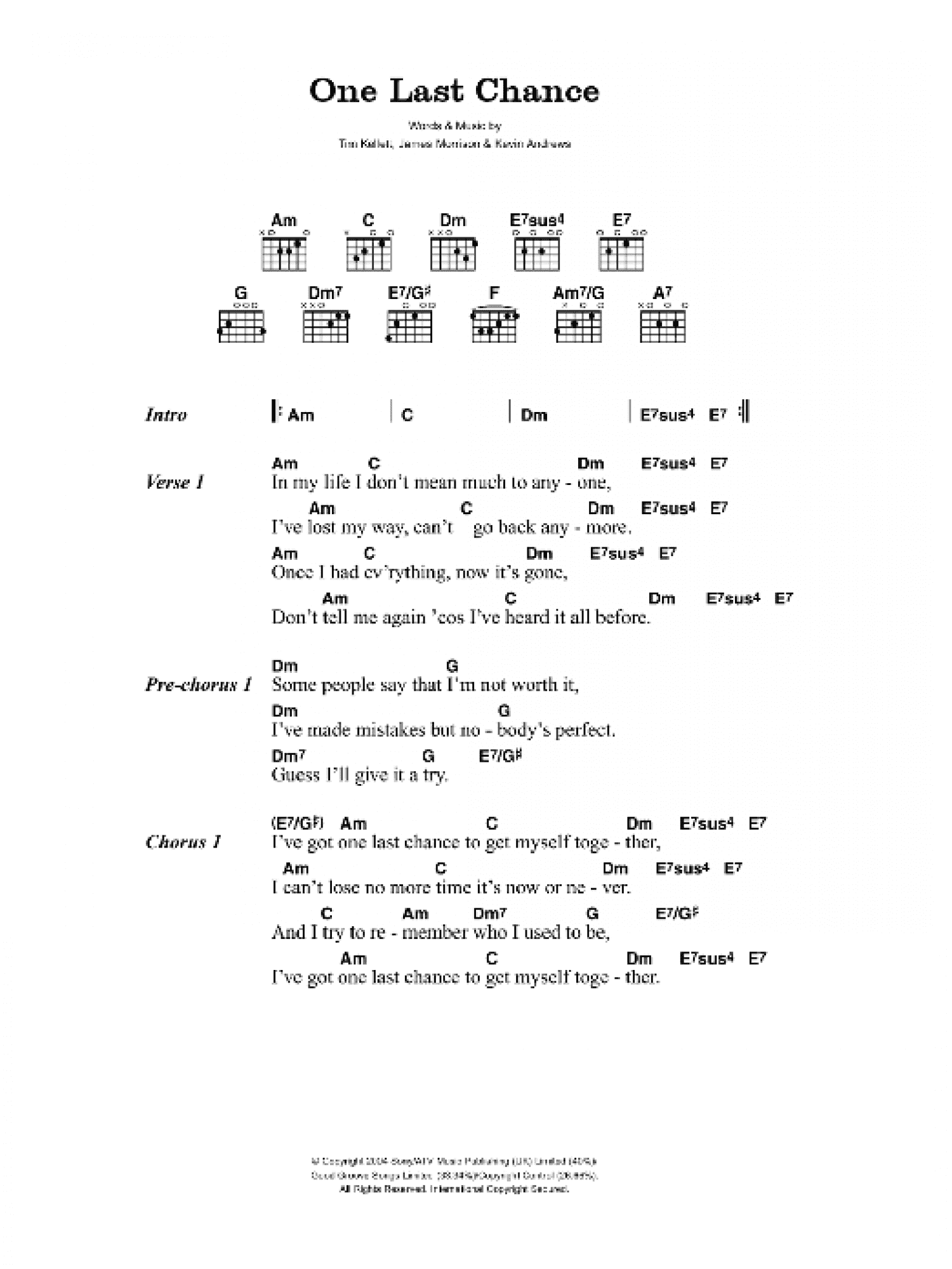 One Last Chance (Guitar Chords/Lyrics) - Print Sheet Music Now