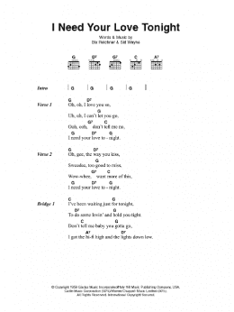 page one of I Need Your Love Tonight (Guitar Chords/Lyrics)