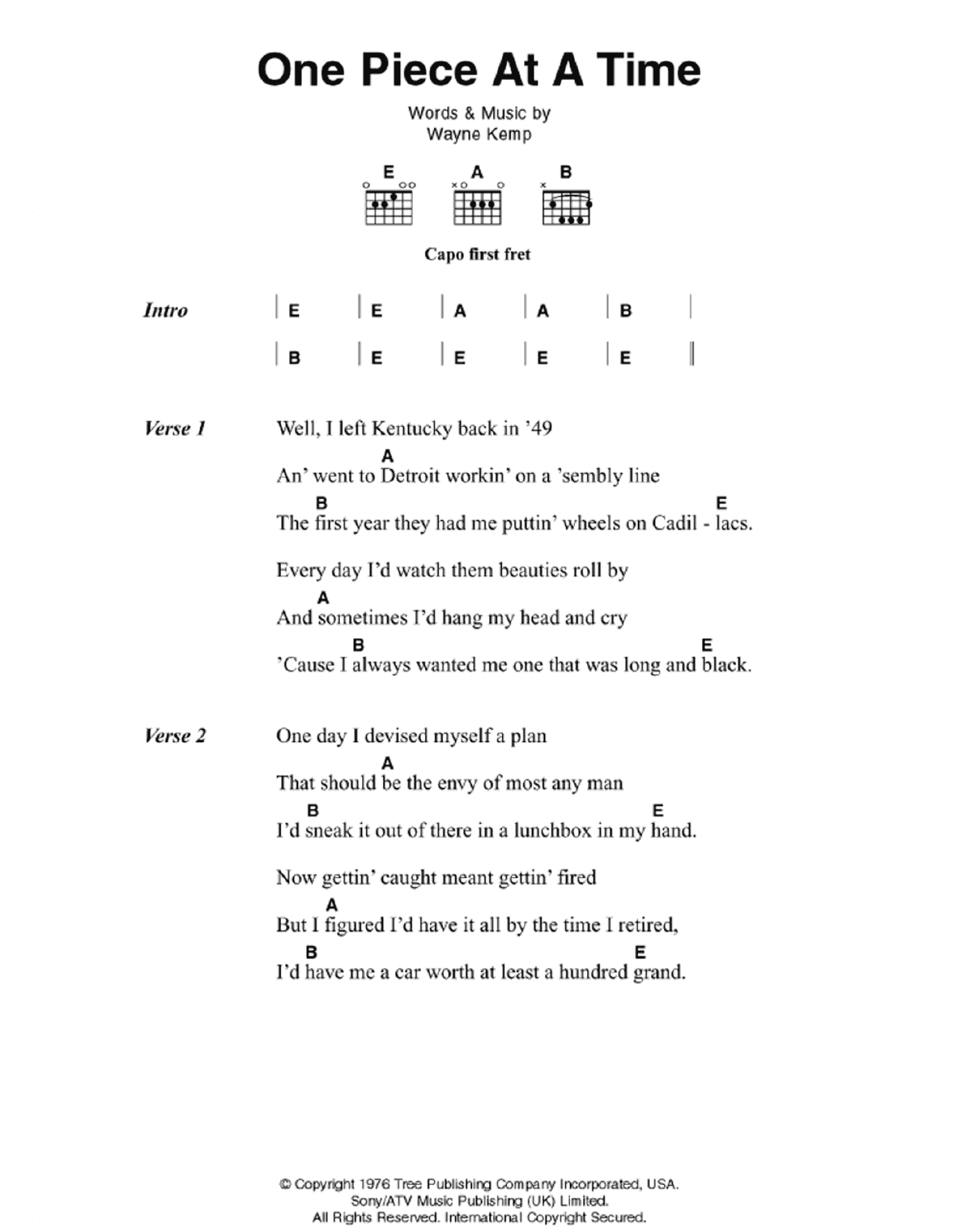 One Piece At A Time Guitar Chords Lyrics Print Sheet Music Now