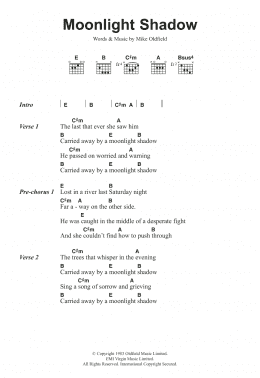 page one of Moonlight Shadow (Guitar Chords/Lyrics)