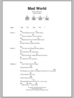 page one of Mad World (Guitar Chords/Lyrics)