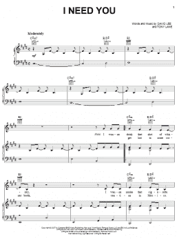 page one of I Need You (Piano, Vocal & Guitar Chords (Right-Hand Melody))