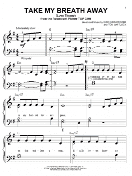 page one of Take My Breath Away (Love Theme) (Big Note Piano)