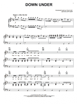 page one of Down Under (Piano, Vocal & Guitar Chords (Right-Hand Melody))