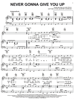 page one of Never Gonna Give You Up (Piano, Vocal & Guitar Chords (Right-Hand Melody))