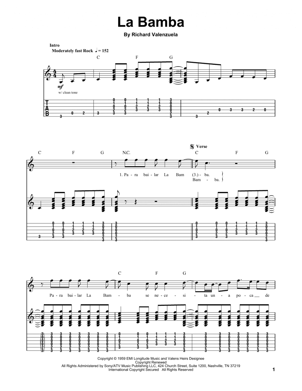 La Bamba Guitar Tab Single Guitar Print Sheet Music Now