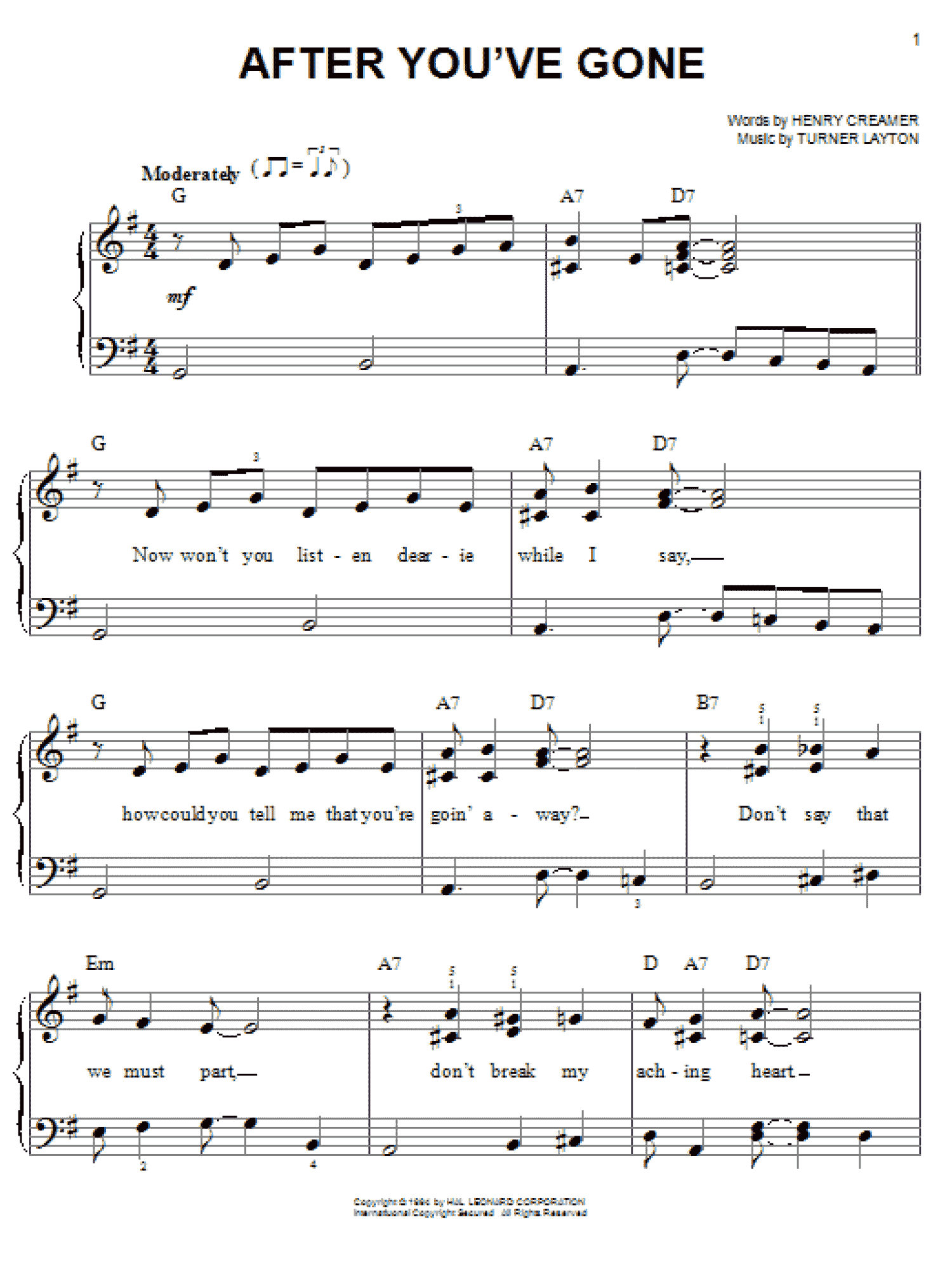 After You've Gone (Easy Piano) - Print Sheet Music Now