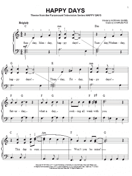 page one of Happy Days (Easy Piano)