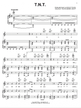 page one of T.N.T. (Piano, Vocal & Guitar Chords (Right-Hand Melody))