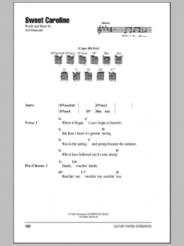 page one of Sweet Caroline (Guitar Chords/Lyrics)