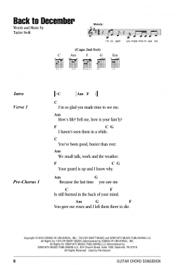 page one of Back To December (Guitar Chords/Lyrics)