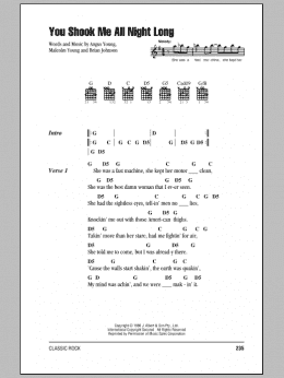 page one of You Shook Me All Night Long (Guitar Chords/Lyrics)