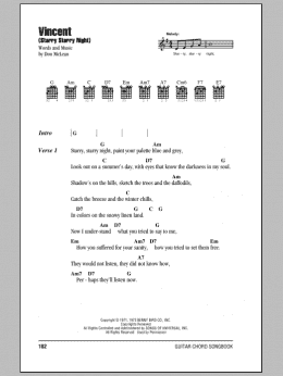 page one of Vincent (Starry Starry Night) (Guitar Chords/Lyrics)