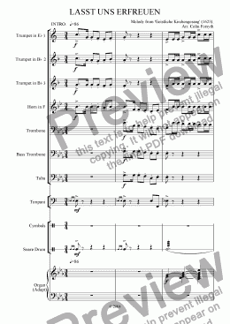 page one of 'Lasst uns erfreuen' arr. for Brass, Organ & Percussion.