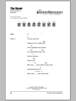 page one of The Boxer (Guitar Chords/Lyrics)