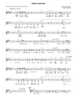 page one of Sweet Caroline (Lead Sheet / Fake Book)