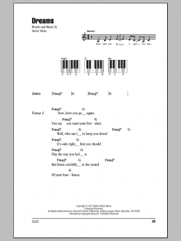 page one of Dreams (Piano Chords/Lyrics)