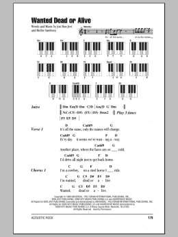 page one of Wanted Dead Or Alive (Piano Chords/Lyrics)