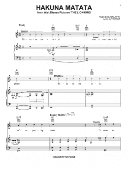 page one of Hakuna Matata (from The Lion King) (Piano, Vocal & Guitar Chords (Right-Hand Melody))