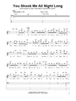 page one of You Shook Me All Night Long (Bass Guitar Tab)