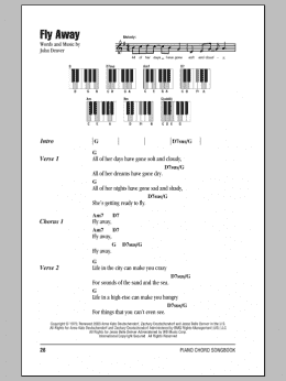 page one of Fly Away (Piano Chords/Lyrics)