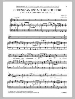 page one of Gedenk An Uns Mit Deiner Liebe (Cantata 29 Wir Danken Dir, Gott ) (Piano & Vocal)