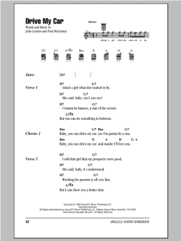 page one of Drive My Car (Ukulele Chords/Lyrics)