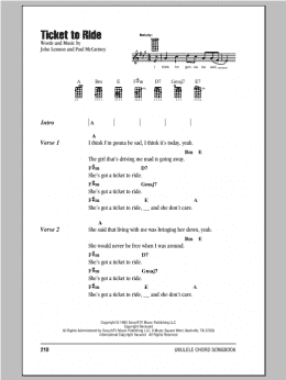 page one of Ticket To Ride (Ukulele Chords/Lyrics)