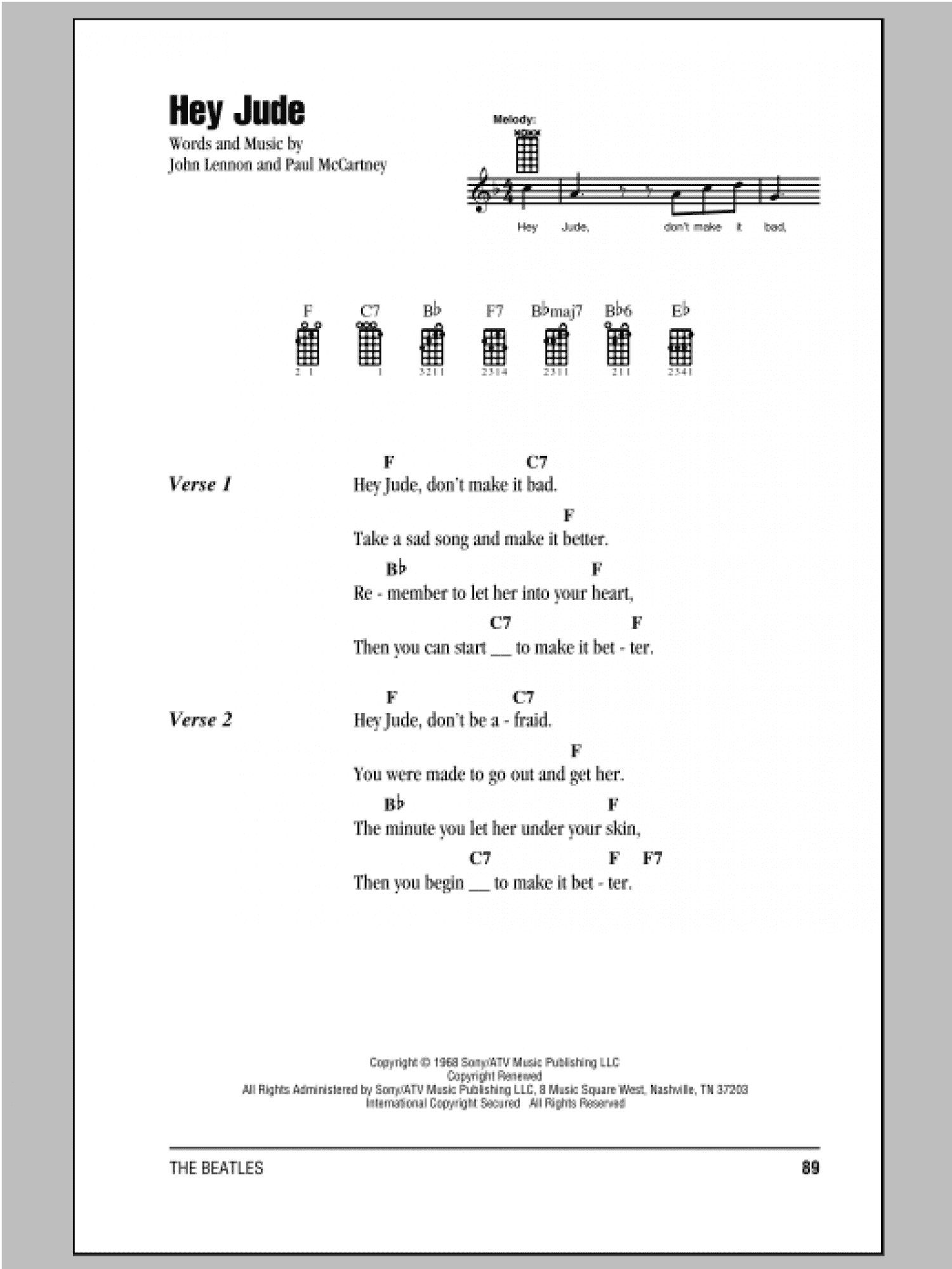 Hey Jude Ukulele Chordslyrics Print Sheet Music Now 6426