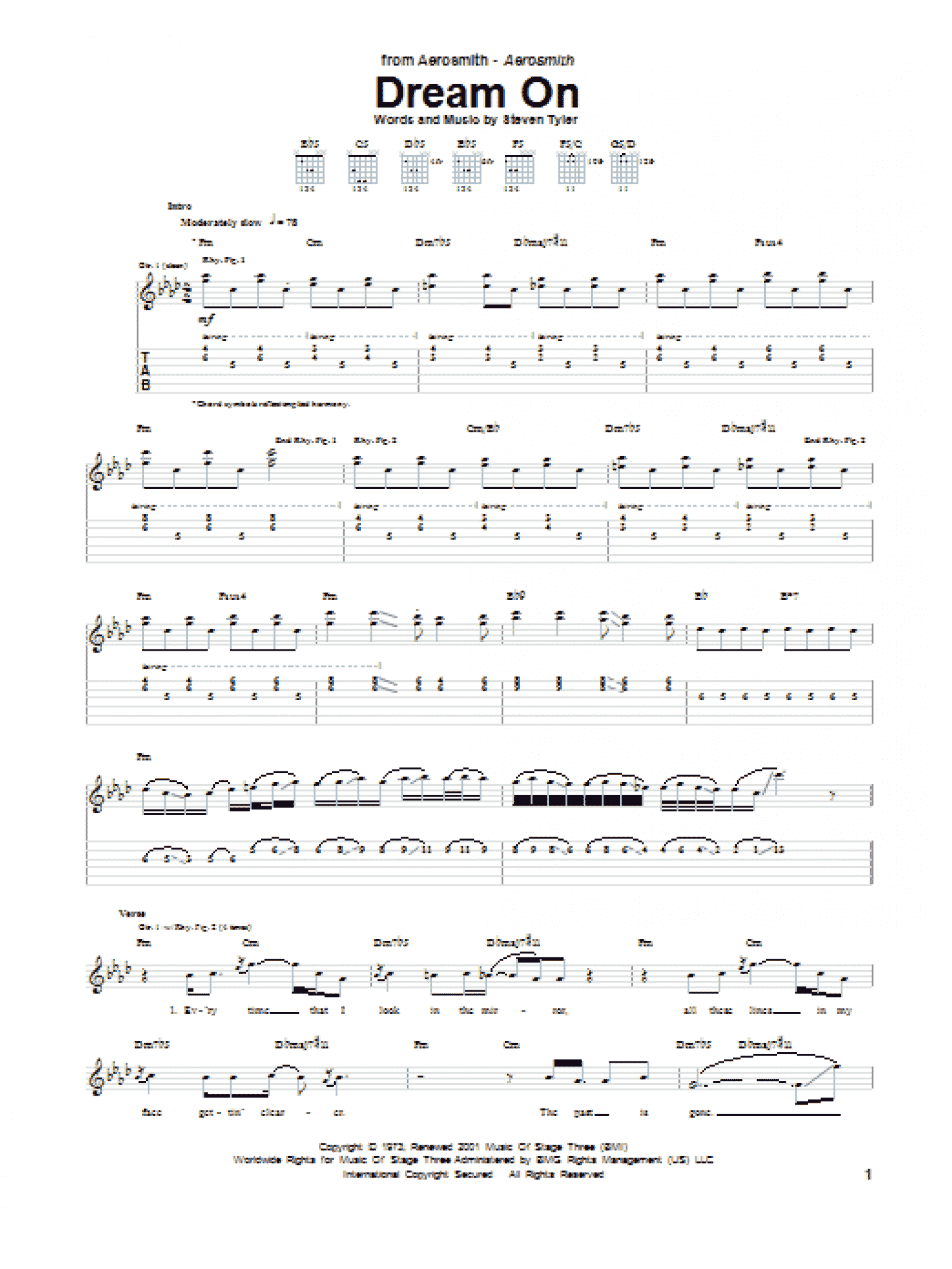 dream on guitar sheet music