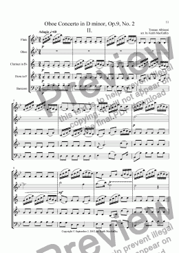 page one of Albinoni Concerto for Oboe, Opus 9, No. 2, II. Adagio. arr. by K. MacGaffey for wind quintet