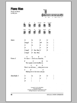 page one of Piano Man (Ukulele Chords/Lyrics)