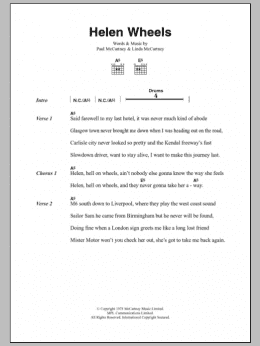 page one of Helen Wheels (Guitar Chords/Lyrics)