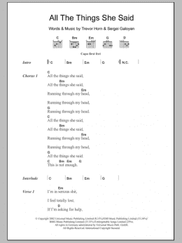 page one of All The Things She Said (Guitar Chords/Lyrics)