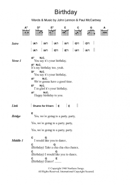 page one of Birthday (Guitar Chords/Lyrics)