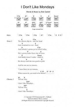 page one of I Don't Like Mondays (Guitar Chords/Lyrics)