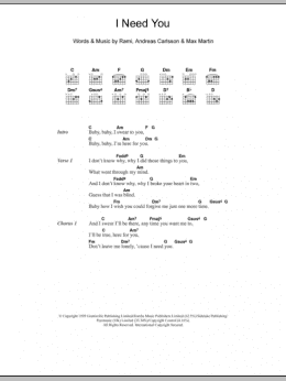 page one of I Need You (Guitar Chords/Lyrics)