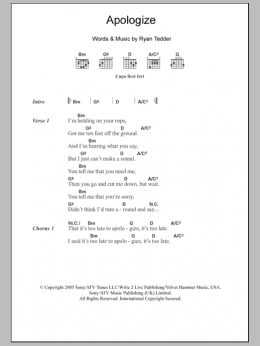 page one of Apologize (Guitar Chords/Lyrics)