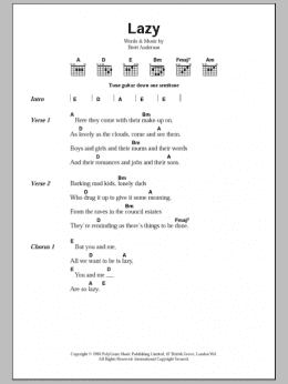 page one of Lazy (Guitar Chords/Lyrics)