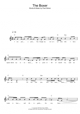 page one of The Boxer (Piano Chords/Lyrics)