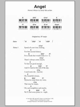 page one of Angel (Piano Chords/Lyrics)