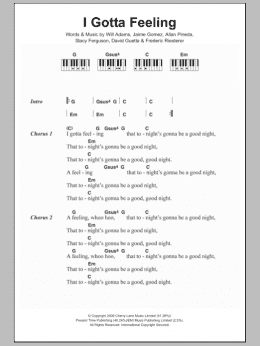 page one of I Gotta Feeling (Piano Chords/Lyrics)