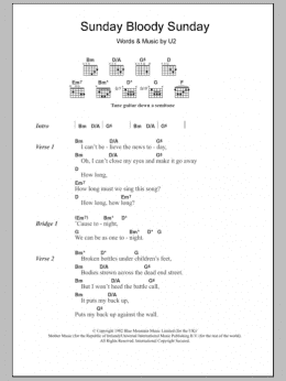 page one of Sunday Bloody Sunday (Guitar Chords/Lyrics)