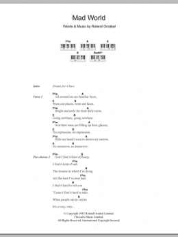 page one of Mad World (Piano Chords/Lyrics)