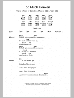 page one of Too Much Heaven (Guitar Chords/Lyrics)